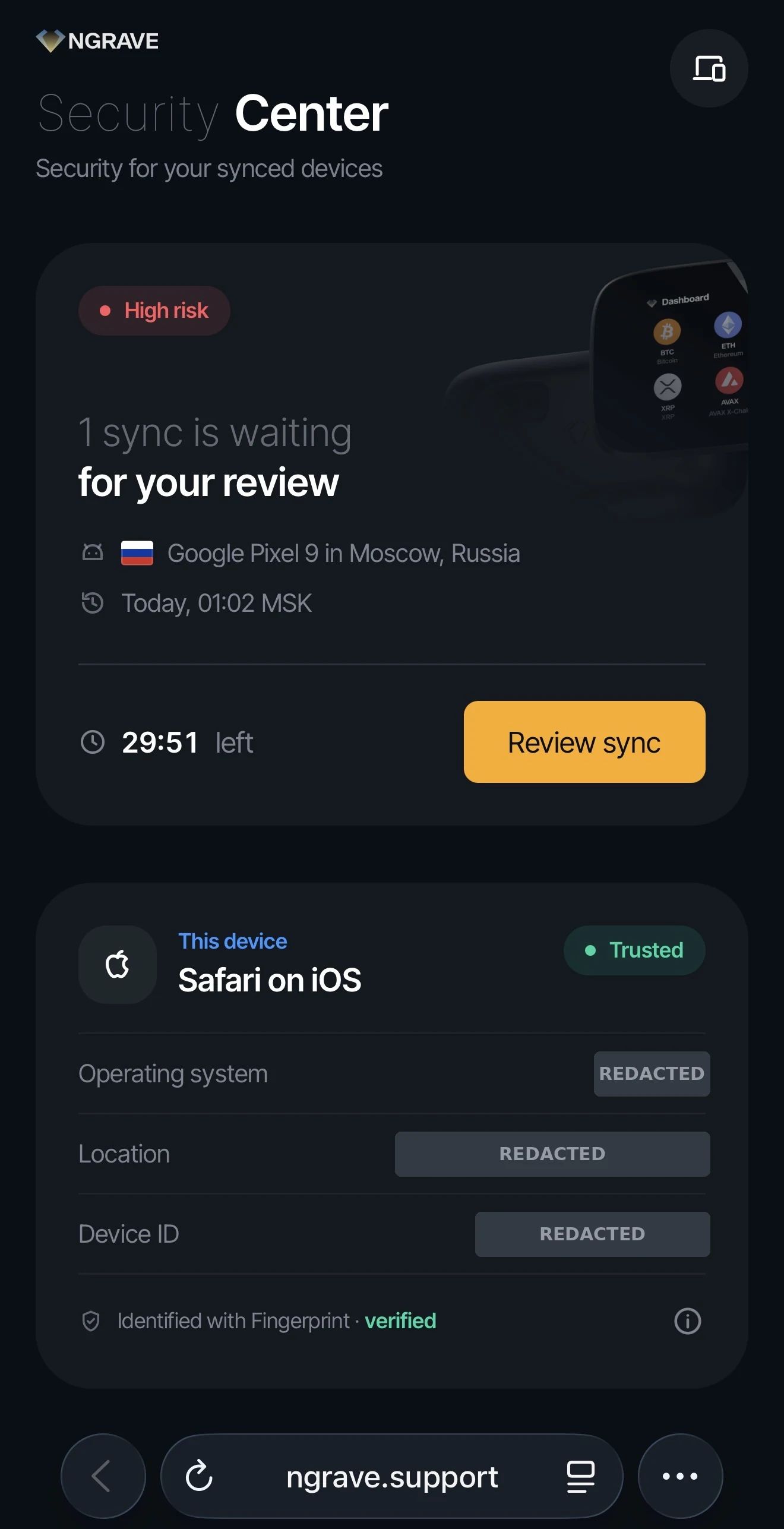 The fake NGRAVE Security Center page at ngrave.support showing a High risk sync from a Pixel 9 in Moscow, a 30-minute countdown and a Review sync button. Device details are redacted.