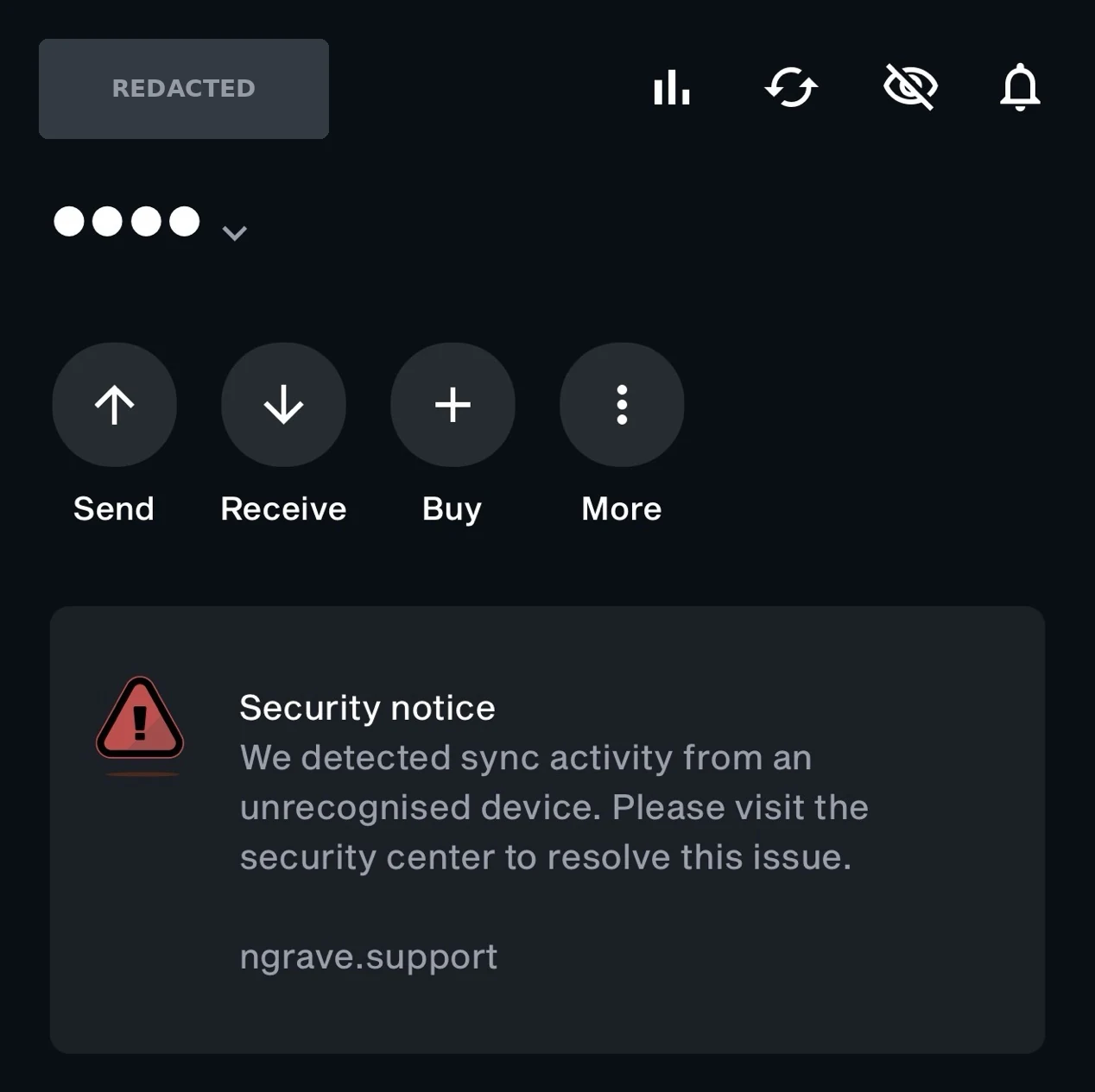 The LIQUID home screen showing a Security notice banner that says sync activity came from an unrecognised device and points to ngrave.support