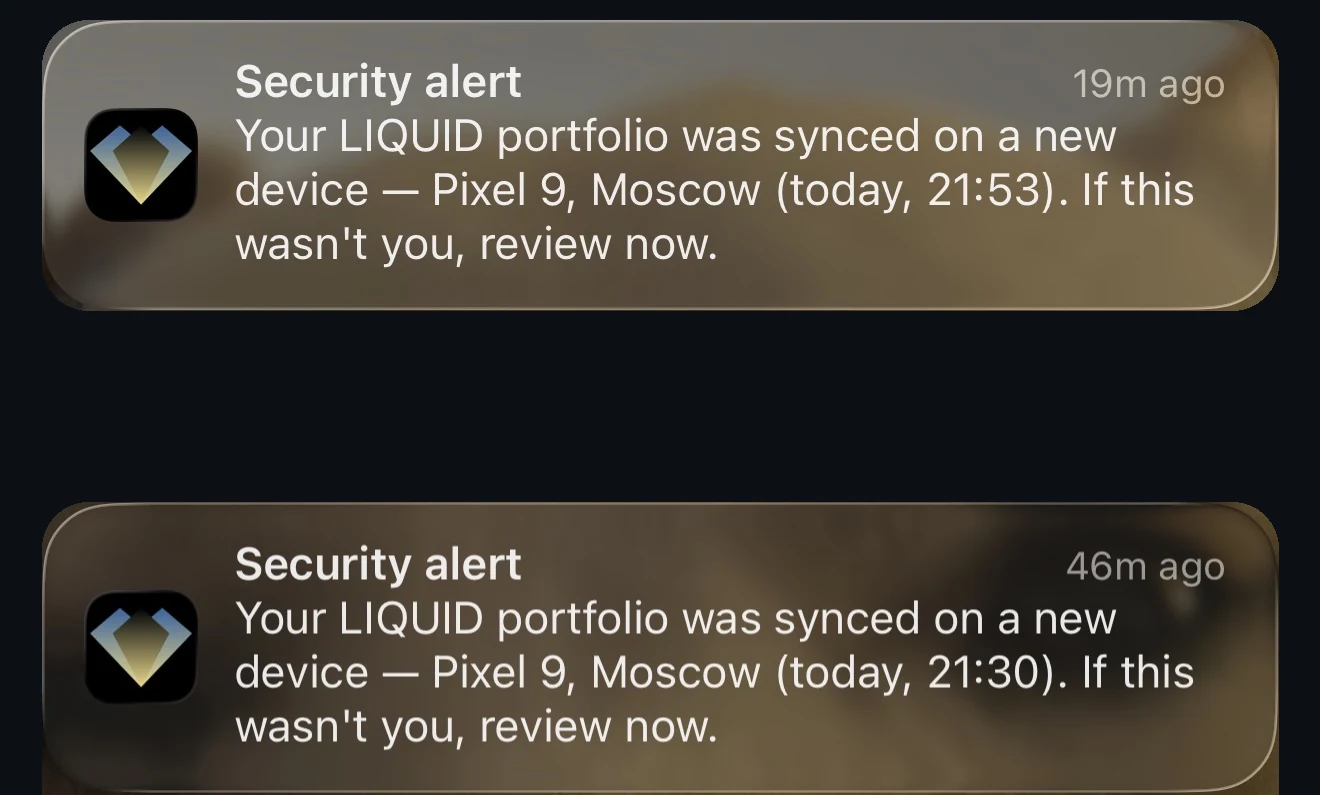 Two LIQUID push notifications titled Security alert, sent about half an hour apart, each claiming the portfolio synced on a Pixel 9 in Moscow
